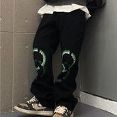 Black Knee Letters Print Loose Baggy Denim Pants